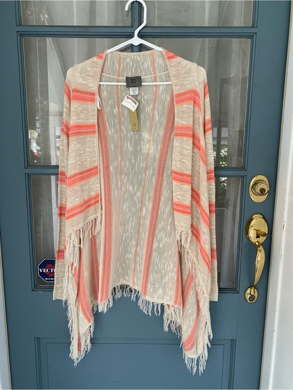 Open-Front Fringe Cardigan Sweater - Coral & Cream